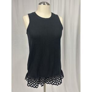 J Crew Black Sleeveless Crew Neck Shirt Tank Eyelet Lace Hem Preppy Size XS